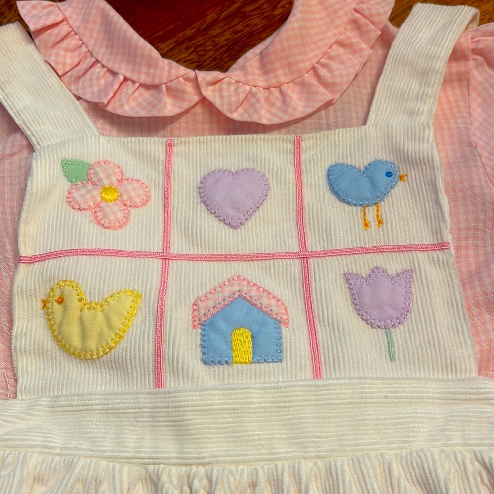 Vintage white corduroy jumper with pink gingham ruffled collar button top. 3T